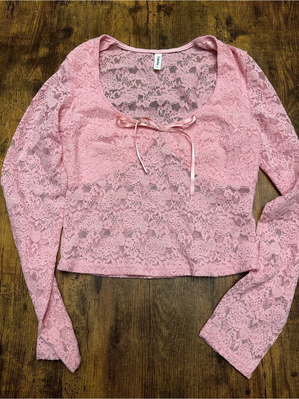 Women's Pink Lace Long-Sleeve Cropped Top with Front Tie medium